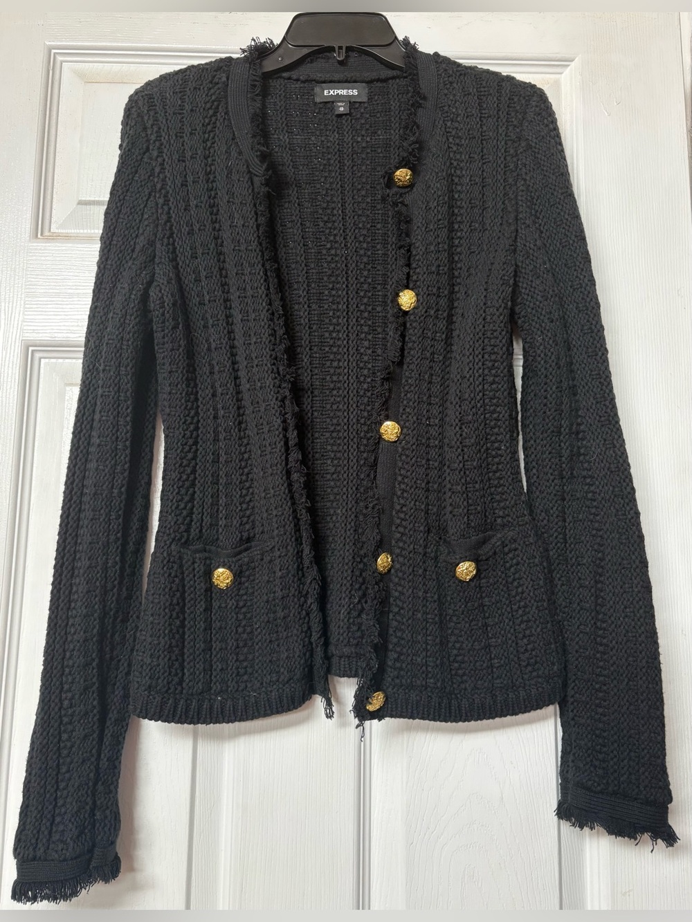Express Black Knit Fringe Cardigan with Gold-Tone Buttons. Size: XS